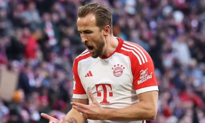 Harry Kane celebrating a goal in Bayern Munich colours during a Bundesliga match