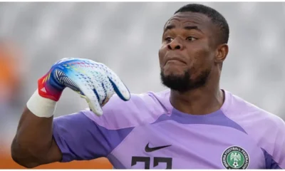 Stanley Nwabali Super Eagles goalkeeper reacts after mistake against Lesotho