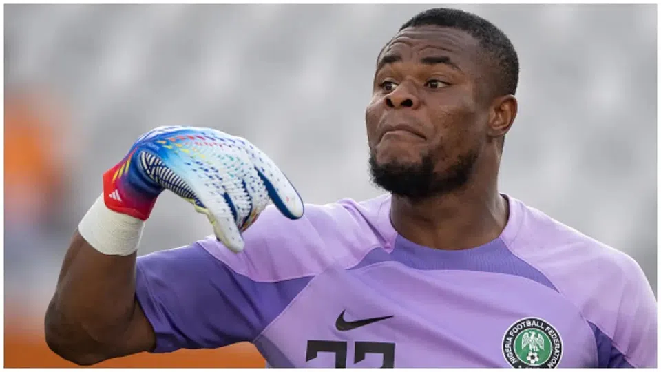 Stanley Nwabali Super Eagles goalkeeper reacts after mistake against Lesotho