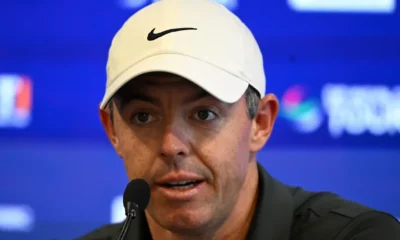 Rory McIlroy celebrates during the Ryder Cup after helping Europe secure a historic win against the USA