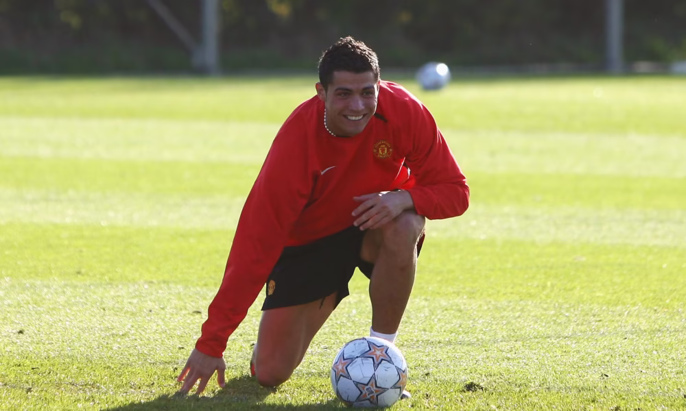 Cristiano Ronaldo training at Manchester United during his early years, showcasing his transformation.