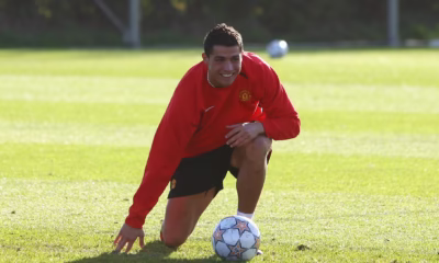 Cristiano Ronaldo training at Manchester United during his early years, showcasing his transformation.
