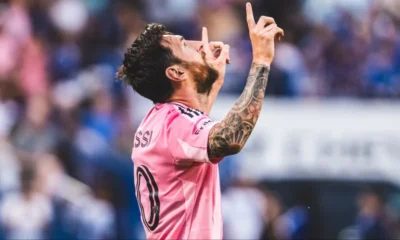 Lionel Messi looks to the sky in gratitude after scoring for Argentina.