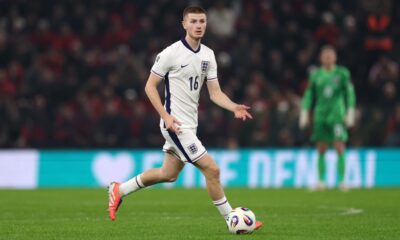 Adam Wharton in action for England during World Cup qualifier vs Albania