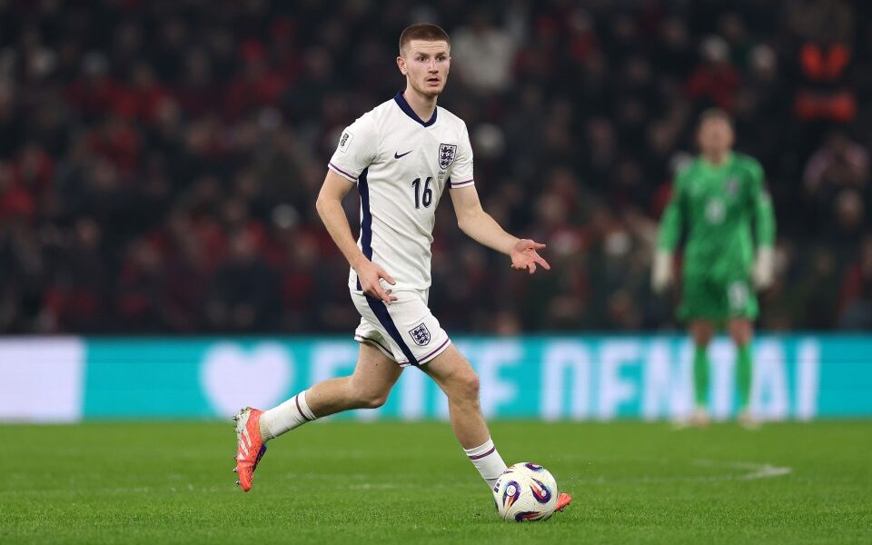 Adam Wharton in action for England during World Cup qualifier vs Albania