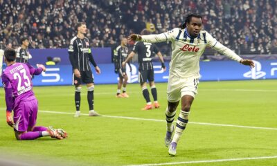 Ademola Lookman celebrates scoring for Atalanta in UEFA Champions League match against Frankfurt
