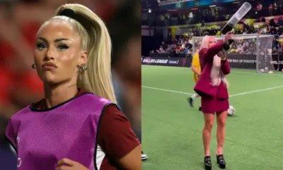 Alisha Lehmann smiles while firing a t-shirt cannon into the crowd at the Baller League UK beside John Terry.