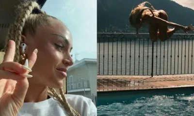 Alisha Lehmann standing on a balcony overlooking Lake Como during her time with Como Women