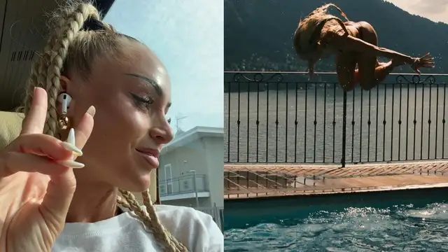 Alisha Lehmann standing on a balcony overlooking Lake Como during her time with Como Women