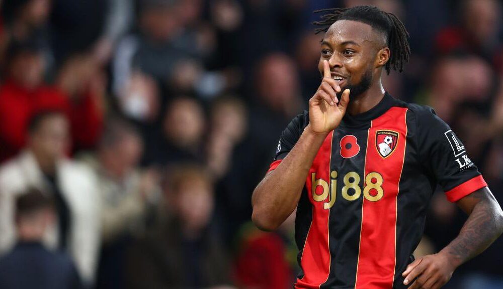 Antoine Semenyo celebrating a Bournemouth goal during a Premier League match