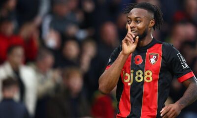 Antoine Semenyo celebrating a Bournemouth goal during a Premier League match