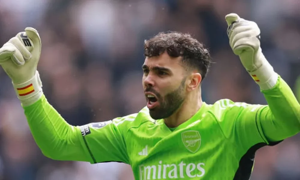Arsenal goalkeeper David Raya reacts after conceding late equaliser against Sunderland