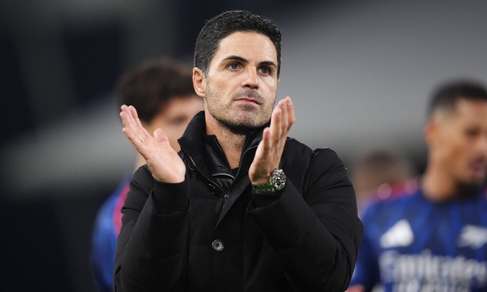 Arsenal manager Mikel Arteta on the sidelines, expressing frustration over fixture congestion during a Premier League match.
