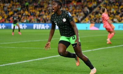 Asisat Oshoala celebrating after scoring for the Super Falcons of Nigeria