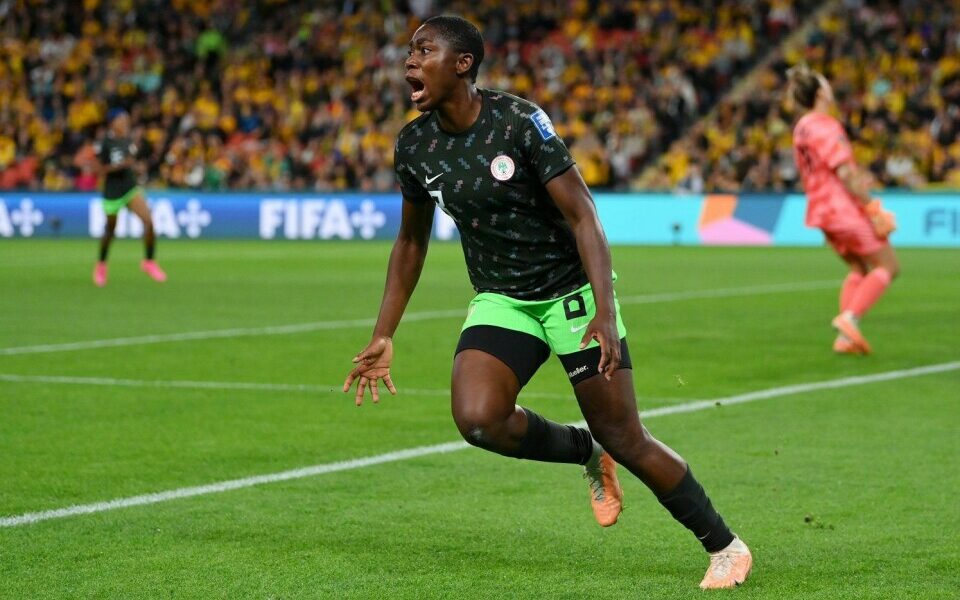Asisat Oshoala celebrating after scoring for the Super Falcons of Nigeria