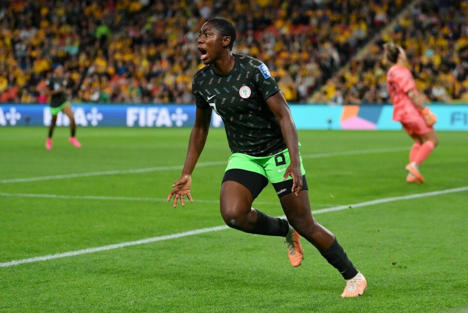 Asisat Oshoala celebrating after scoring for the Super Falcons of Nigeria