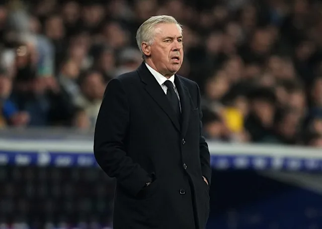 Carlo Ancelotti gestures during a Real Madrid match, reflecting on last season’s struggles