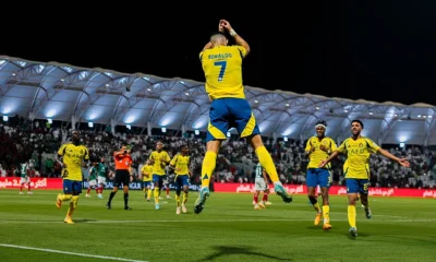Cristiano Ronaldo celebrating a goal for Al Nassr in the Saudi Pro League