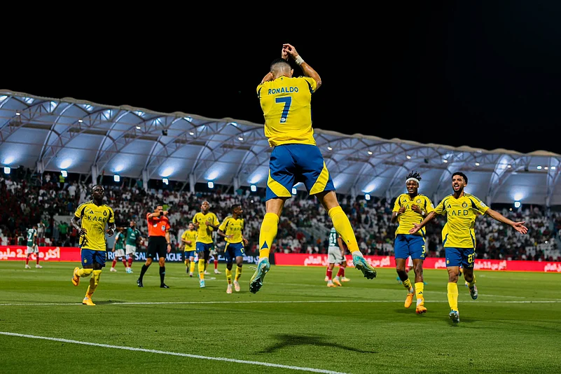 Cristiano Ronaldo celebrating a goal for Al Nassr in the Saudi Pro League