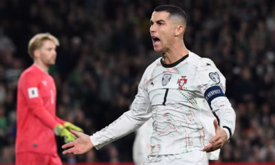 Cristiano Ronaldo reacting after receiving a red card during Portugal vs Ireland