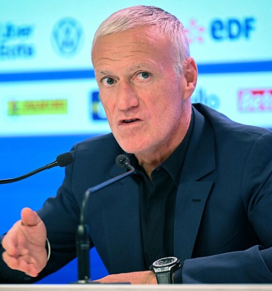Didier Deschamps speaking at press conference for France national team