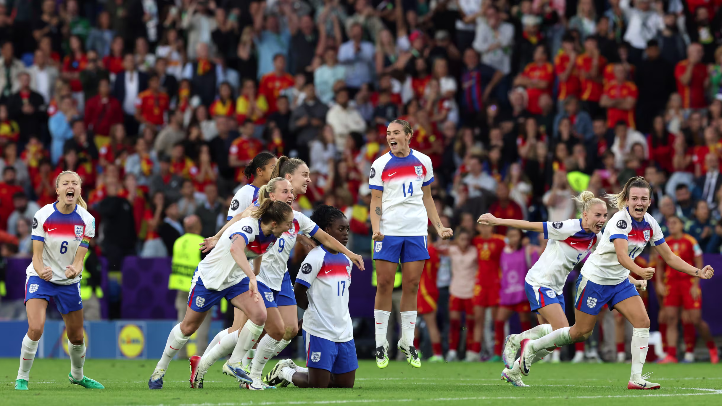 England Women celebrating during UEFA Euro 2025 final win over Spain