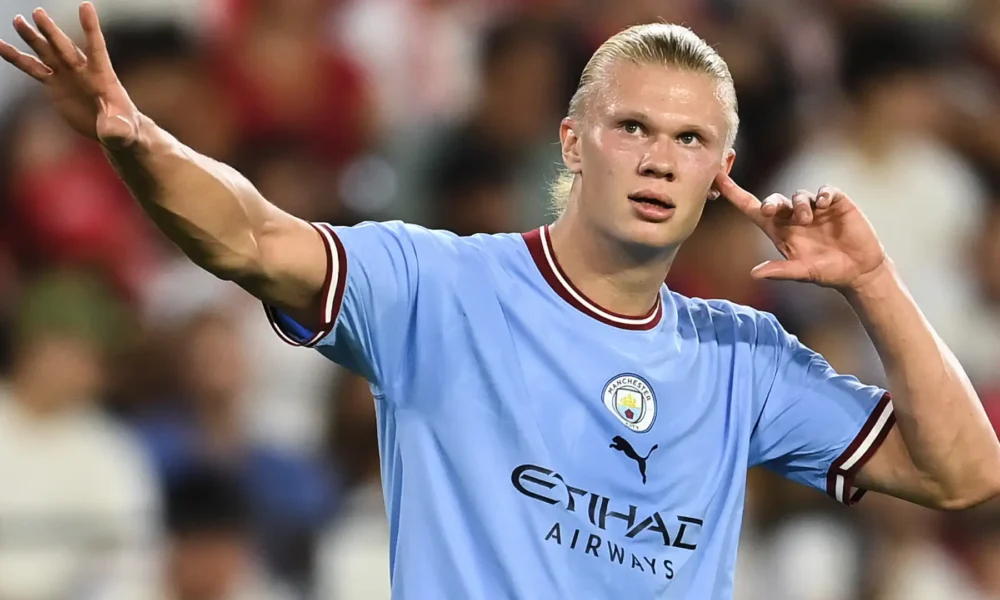 Erling Haaland celebrating a goal for Manchester City during the Premier League.