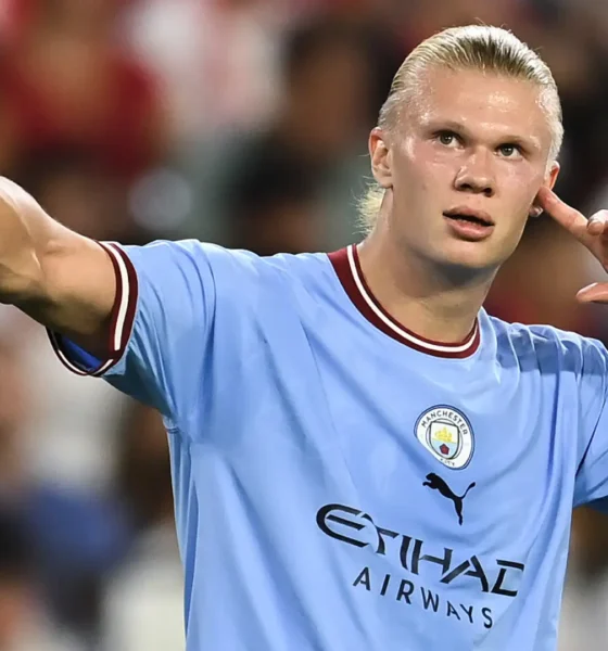 Erling Haaland celebrating a goal for Manchester City during the Premier League.