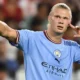 Erling Haaland celebrating a goal for Manchester City during the Premier League.