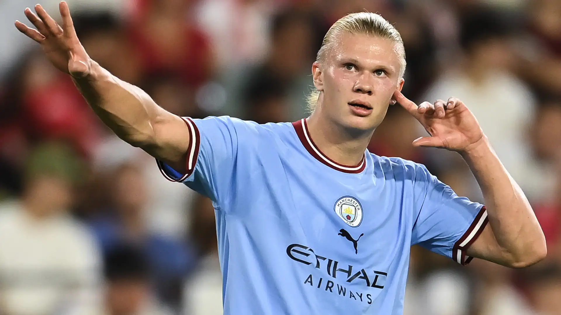 Erling Haaland celebrating a goal for Manchester City during the Premier League.