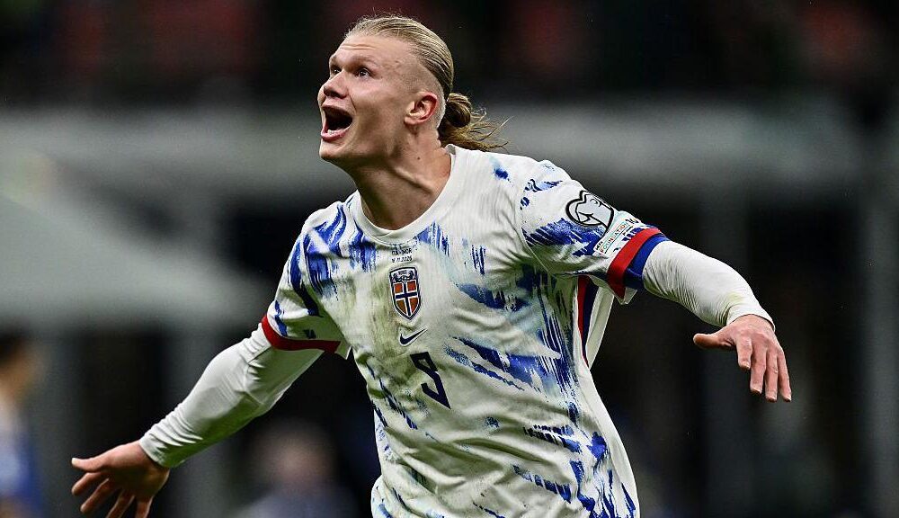 Erling Haaland celebrating a goal for Norway during World Cup qualifiers.Erling Haaland celebrating a goal for Norway during World Cup qualifiers.