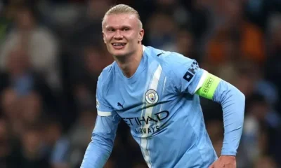Erling Haaland celebrating after scoring for Manchester City against Borussia Dortmund in the UEFA Champions League