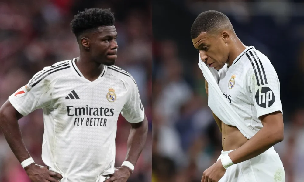 Kylian Mbappe and Dayot Upamecano share a laugh during France training amid Real Madrid transfer rumours.