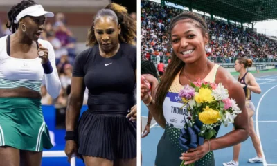 Gabby Thomas laughing with Serena and Venus Williams during a fun interview moment.