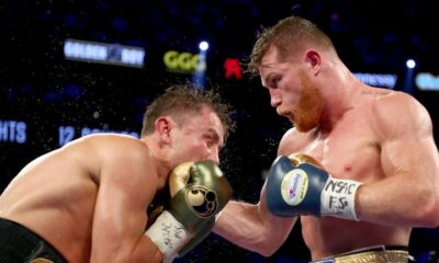 Gennady Golovkin throwing a left hook at Canelo Alvarez during their Las Vegas fight.