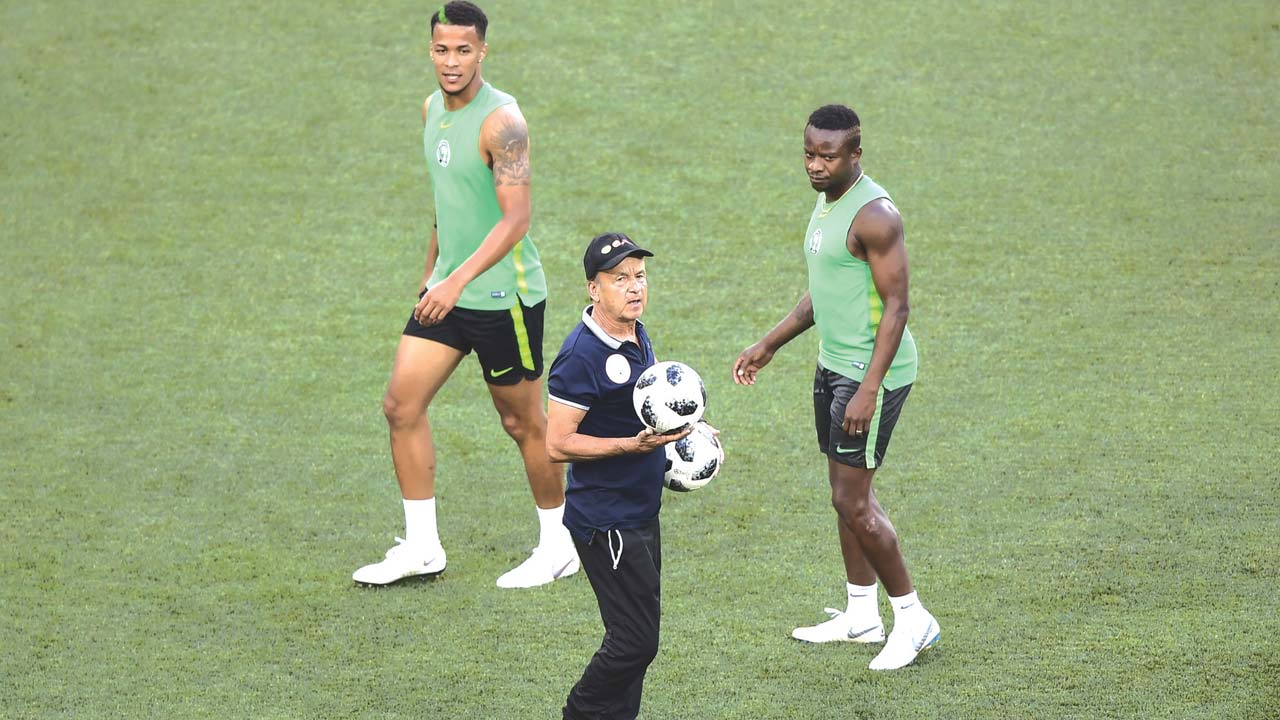 Gernot Rohr during a Super Eagles training session