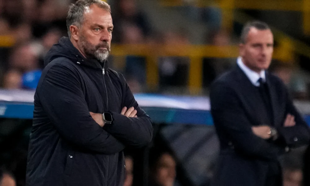 Hansi Flick reacts on the sidelines during Barcelona’s 3-3 draw against Club Brugge in the Champions League.