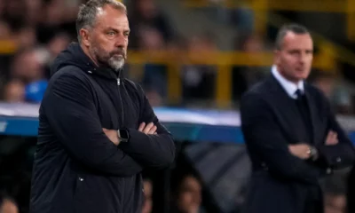 Hansi Flick reacts on the sidelines during Barcelona’s 3-3 draw against Club Brugge in the Champions League.