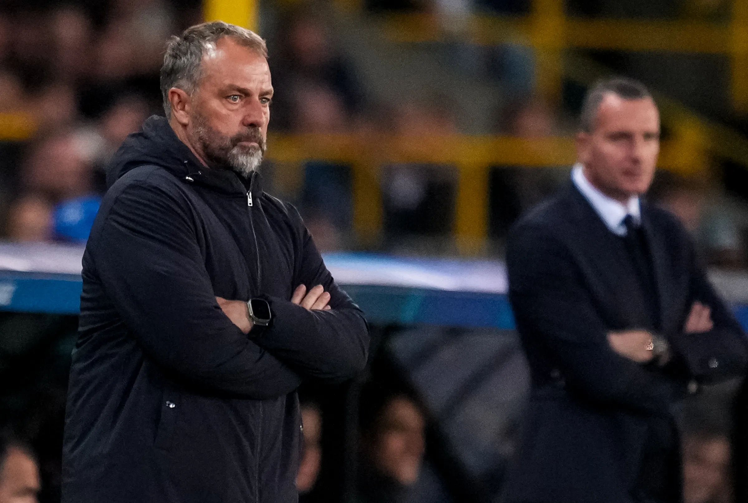 Hansi Flick reacts on the sidelines during Barcelona’s 3-3 draw against Club Brugge in the Champions League.