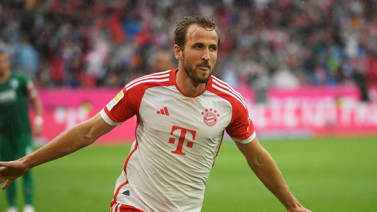 Harry Kane celebrating a goal for Bayern Munich in the Bundesliga