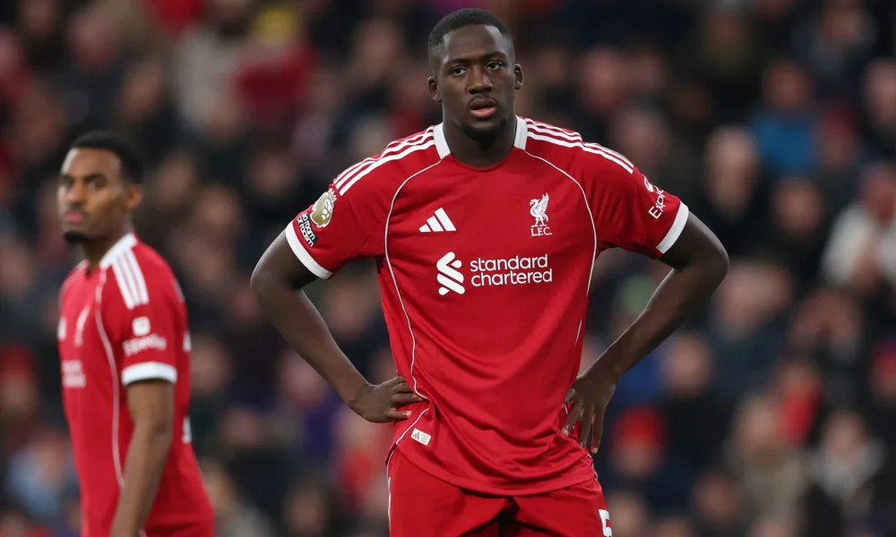Ibrahima Konate looking frustrated during a Liverpool match after defensive errors
