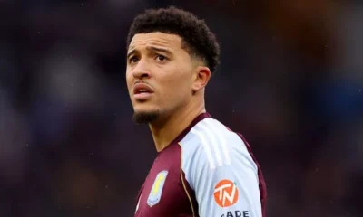 Jadon Sancho looks frustrated during Aston Villa’s Europa League match against Maccabi Tel Aviv