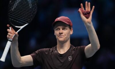 Jannik Sinner celebrates victory over Alexander Zverev at the ATP Finals in Turin.