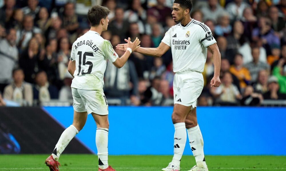 Jude Bellingham and Arda Guler celebrating during a Real Madrid match