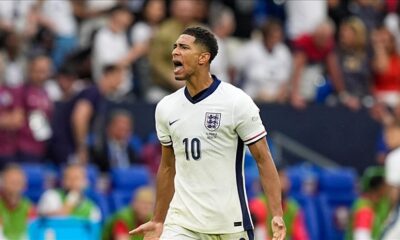 Jude Bellingham celebrating after scoring for England during an international match