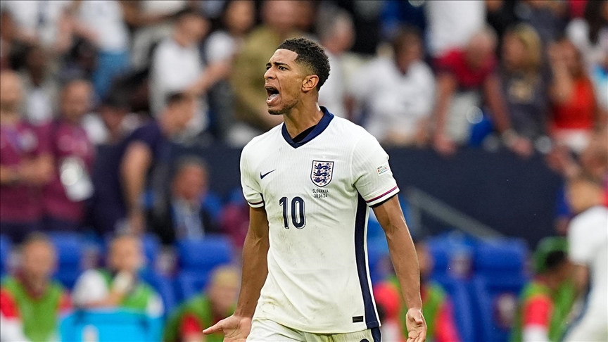 Jude Bellingham celebrating after scoring for England during an international match