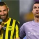 Karim Benzema and Cristiano Ronaldo greeting during a Saudi Pro League match
