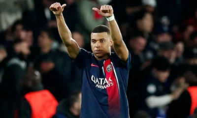 Kylian Mbappe celebrating during a PSG match before his exit to Real Madrid