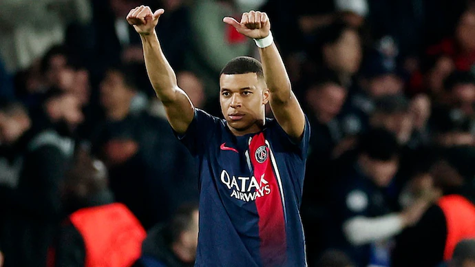 Kylian Mbappe celebrating during a PSG match before his exit to Real Madrid