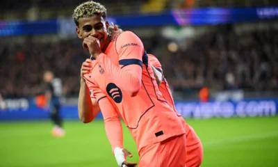 Lamine Yamal celebrating with Barcelona badge ahead of Camp Nou return